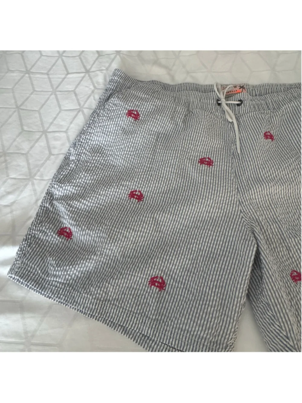J.Crew Seersucker Crab Print Swim Trunks Men Large Blue White Lined Beach Short